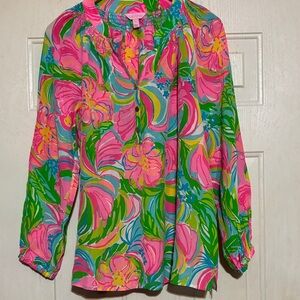 Lilly Pulitzer Vibrant Floral Blouse -‎ Pink, Green, Blue